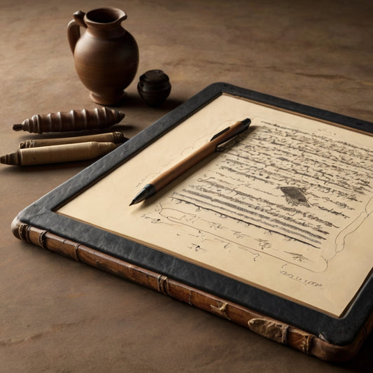 A combination of an old fashion tablet with a modern binding to illustrate the historical evolution of written material