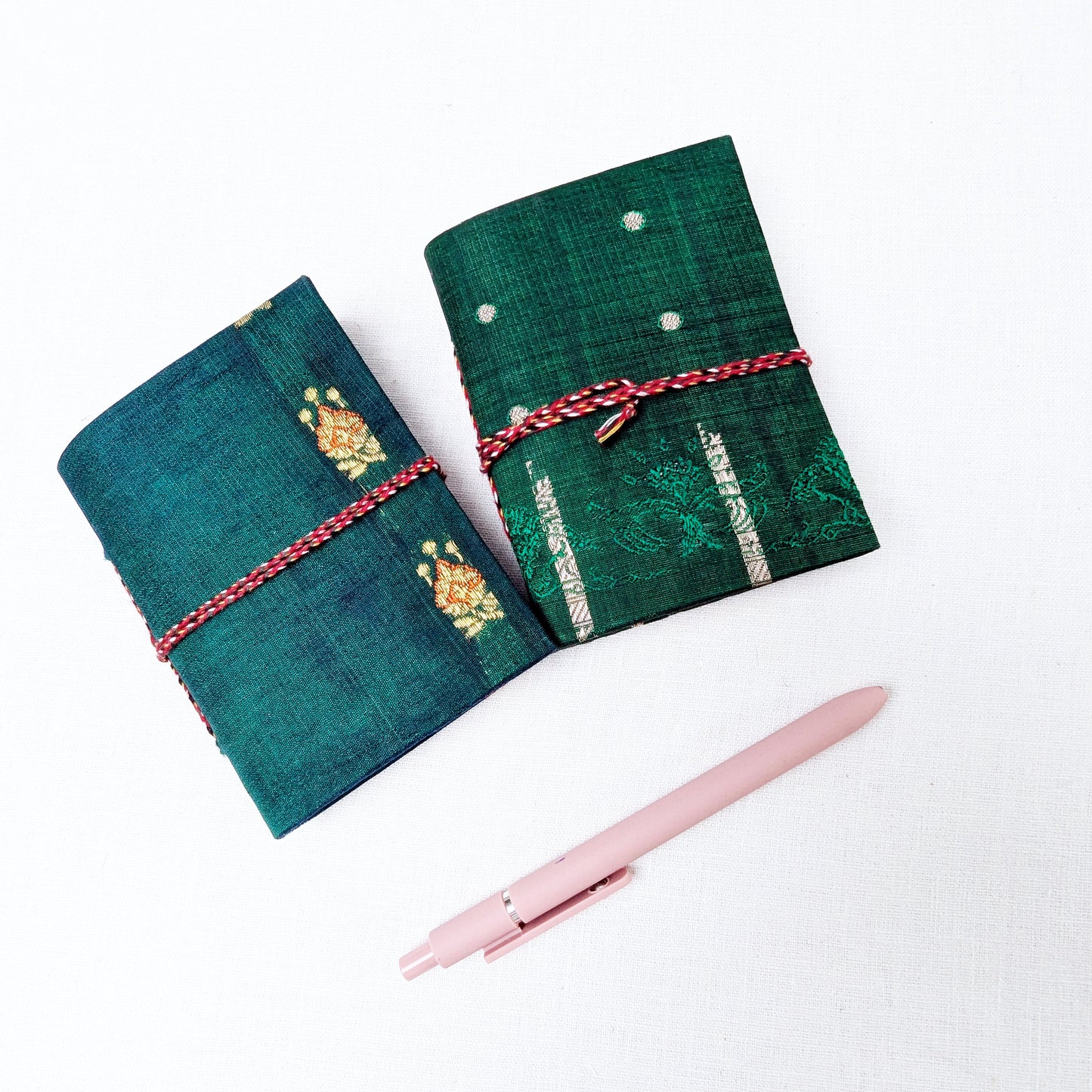Pocket Cotton Rag Journal – Upcycled Sari Cover, 9 x 12 cm, Handmade - The Wee Bindery Notebooks