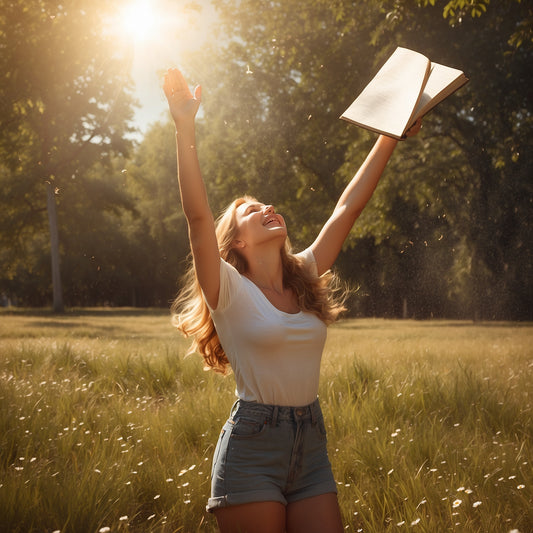 A lady playfully playfully throwing her journal in the warm summer of Litha