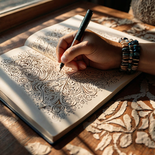 A hand doodling on a journal celebrating imbolc