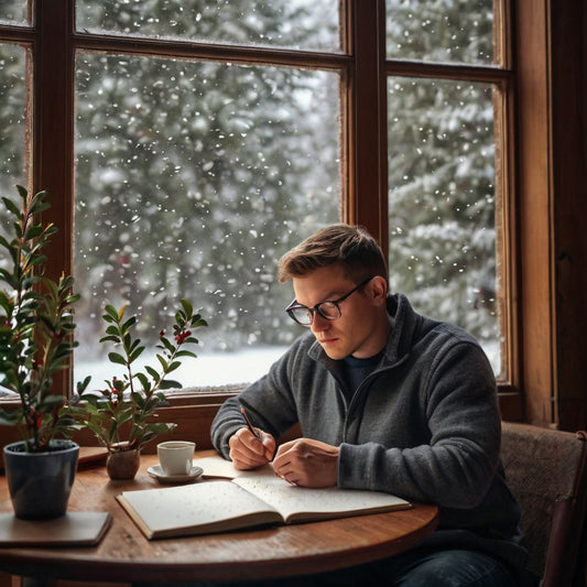 a man journaling on a table by the window on a snowy day, pondering about yule