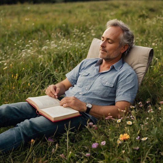 a mature person relaxing in a meadow reflecting on his life journey as a celebration of mabon