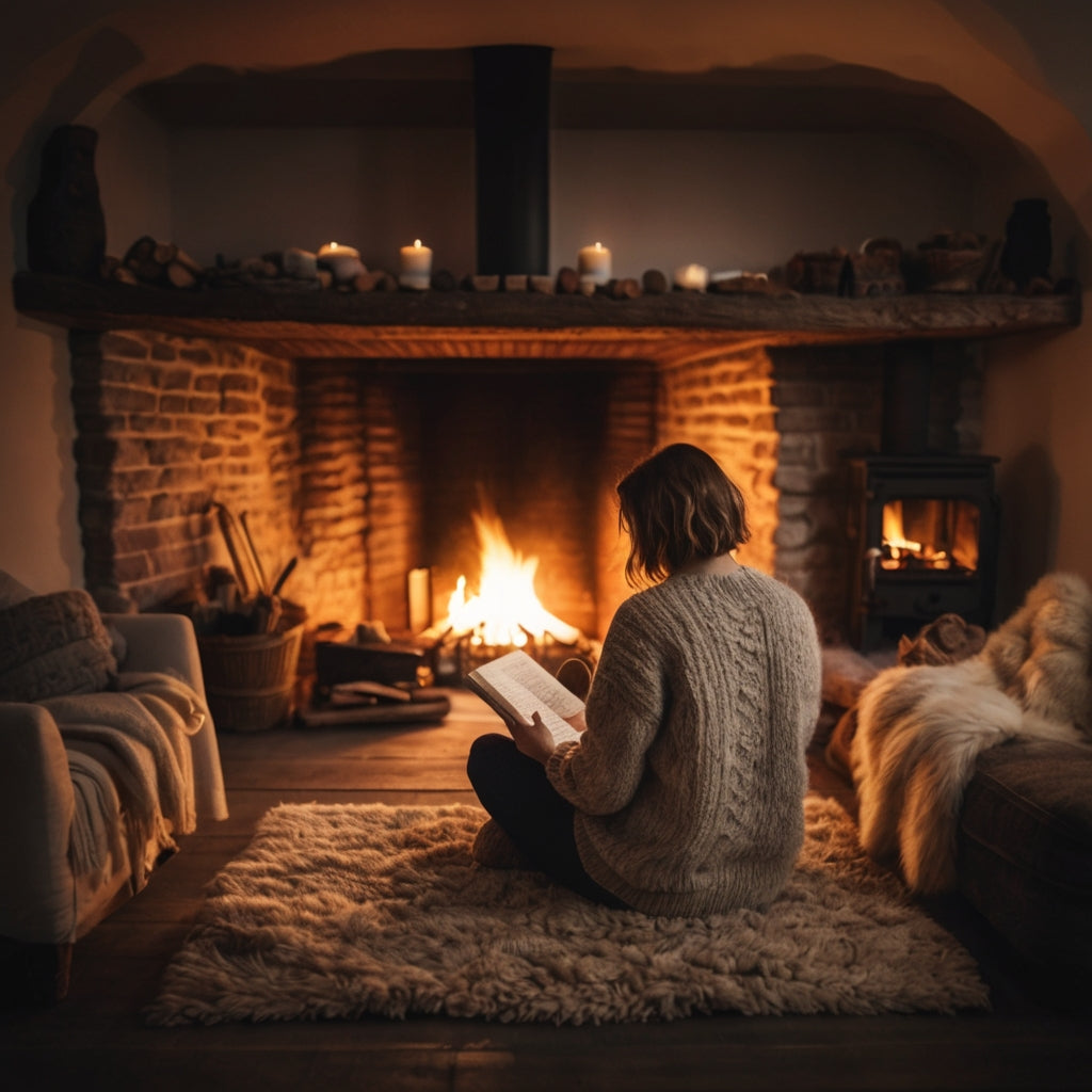 a person reflecting on her journal by the fire on samhain night