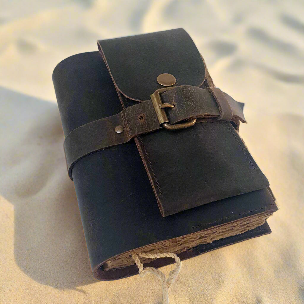 Leather adventure book, top view