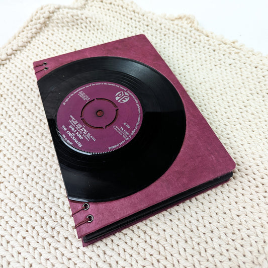 Long stitch binding on black paper photo album with recycled LP cover